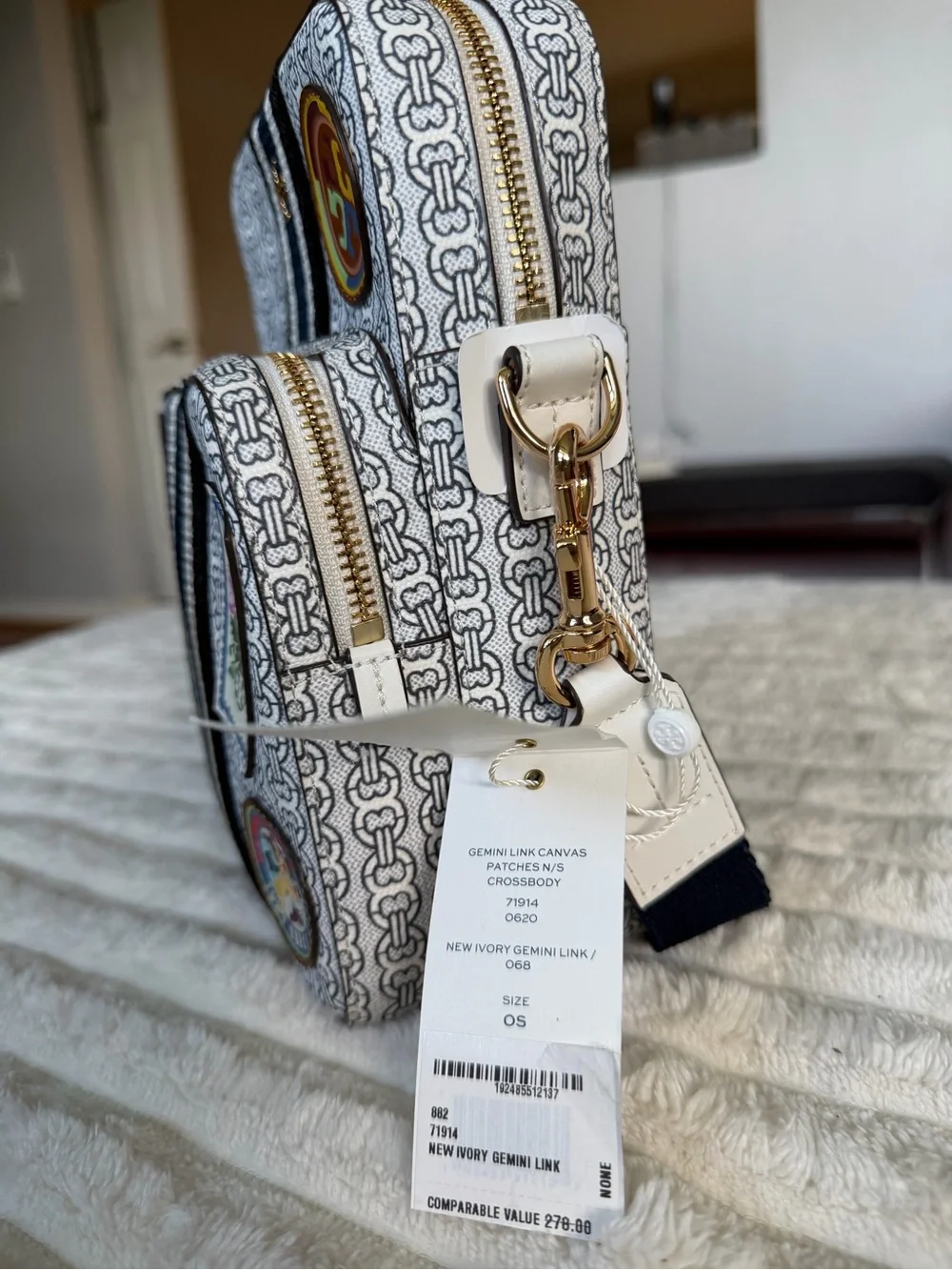 NWT Rare Tory Burch White, Navy & Black Printed Canvas Patch Crossbody Bag